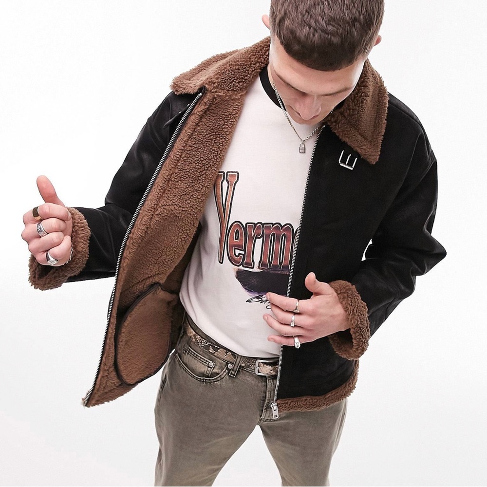 Top Man faux shearling aviator jacket in black